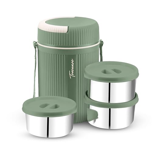 Image of Trueware Plastic Grub 3 Double Wall Insulated Hot Lunch Box with 3 Ss Container 300 Ml Each | Bpa Free | Food Grade | Hot and Fresh Many Hours, Green (LBI-GRB-003-Green BAZ)