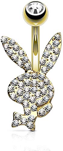Playboy Crystal Paved Bunny 316L Surgical Steel Belly Button Navel Rings (Gold/Clear)