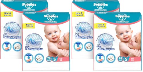 Image of Amazon Brand - Supples Premium Baby Diaper Pants | 156 Baby Diapers | Small | 4-8 Kg | 78 x 4 Packs | 12 Hrs Absorption | Cushiony Cotton Soft Fabric | Phthalates-Free | Triple Leak Guard