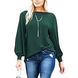 PESION Womens Casual Bishop Sleeve Blouse Boat Neck T-Shirts Tunic Tops, Green Large
