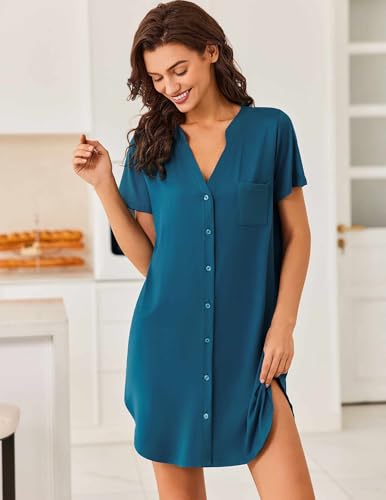 Image of Ekouaer Women V Neck Button Down Nightgown