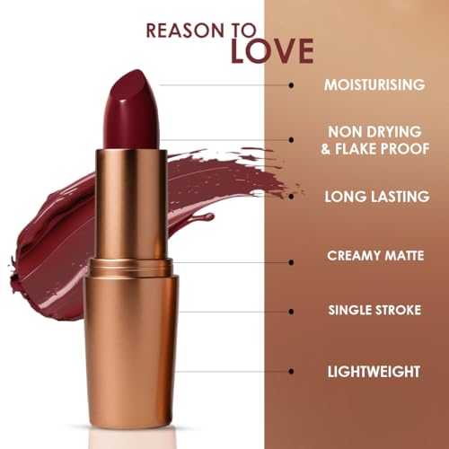 Image of One Wish Creamy Matte Lipstick Long Lasting for Women - Rock N Rouge Shade 14 | Full Coverage | Creamy Formula | No Flaky Lips | No Dryness | High-Pigment | SPF | Vitamin E, Almond Oil & Shea Butter for Moisturising Lip | 8 Hrs Lasting | Smooth Finish | 3.8 gm