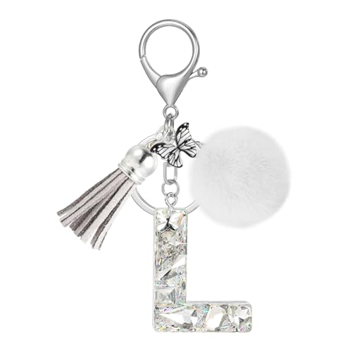 JSRQT Llaveros con Letra Inicial L Brillante, Resina Diamantes Cristales Llaveros Letras del Alfabeto para Coche Mujer, Colgantes con Pompones Mariposa Dije para Bolso de Moda, para Bolso, Mochila