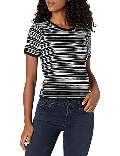 Bb Dakota Women's Fairisle Fancy Short Sleeve Stripe Top, Black, Large #TOP23