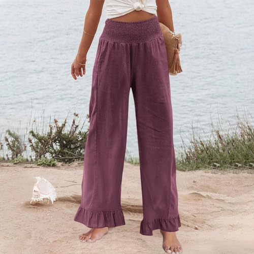 Image of Womens Linen Palazzo Pants Ruffle Hem Drawstring Boho Trousers Beach Travel Vacation Outfits
