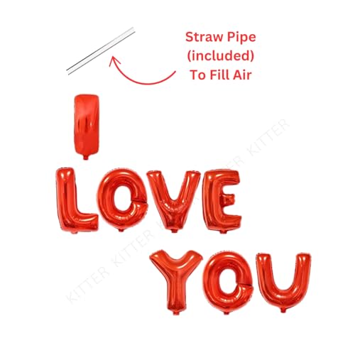 Image of KITTER I Love You Red Foil Balloon Set | ILU Alphabet Letter Balloons for Valentine's Day, Romantic Proposal, Wedding Anniversary, Birthday Party Decoration | Romantic Party Love Balloons for Couples