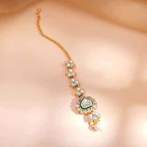 Image of Rubans Gold Plated Kundan Green Enamel Pearl Beaded Necklace Set with Earrings & Maangtikka Bridal Wedding Jewellery for Women & Girls