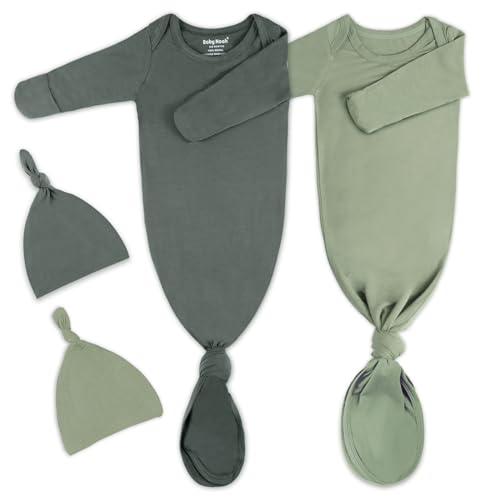 Image of 2Pk Newborn Baby Knotted Gown, Super Soft Silky Infant Long Sleeve Sleeper for Baby Sleeping with Hat or Headband (2 Packs)