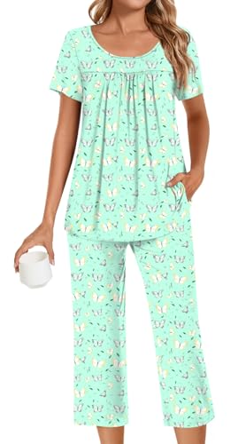 POPYOUNG Plus Size Womens Pajama Sets Summer Ladies Pjs 2 Piece Loungewear Capri with Pockets Sleepwear 2XL, Colorful Green Butterfly
