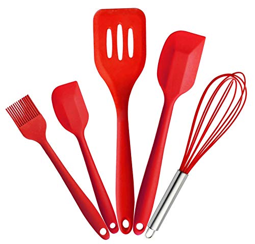 Joyoldelf Premium Silicone Kitchen Utensils Set 5 Piece in Hygienic Solid Coating-TurnerLarge SpatulaSmall SpatulaBasting BrushWhisk