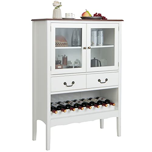 KOMFOTTEU Armario para vino, aparador con puertas, cajones con asa y botellero, 90,5 cm x 38 cm x 126 cm, para cocina, comedor, bar