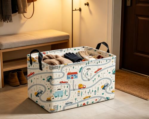 Image of Rectangle Kids Baskets Car Basket Boys Storage Bin Fish Box for Room Decor Gift Basket(Road car)