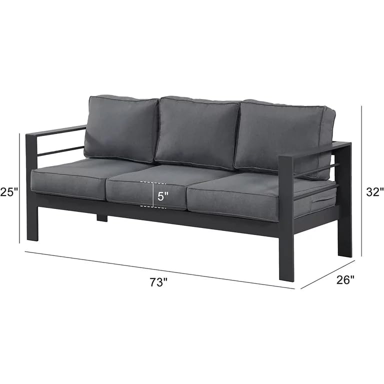 Sofá de aluminio para exteriores, sofá de 3 asientos de metal para todo tipo de clima, cojín suave y grueso de 5 pulgadas y brazo ancho, sofá al aire libre para balcón, porche 6