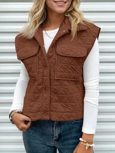 Cicy Bell Womens Lightweight Quilted Vests Cargo Button Down Cropped Sleeveless Jackets Fall Loose Fit Gilets with Pockets2