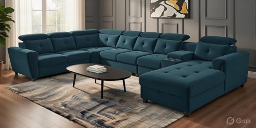 Image of Mishel 12 Seater Sofa Set for Living Room | Sectional U Shaped 12 Seater Sofa with Storage & Cupholder (Teal Fabric, RHS)