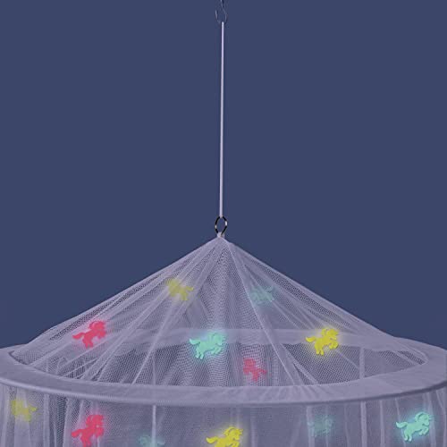 Image of Canopy for Girls Bed with Pre-Glued Glow in The Dark Unicorns - Princess Mosquito Net Room Decor - Kids & Baby Bedroom Tent with Galaxy Lights - 1 Opening Canopy Bed & Hanging Kit Included