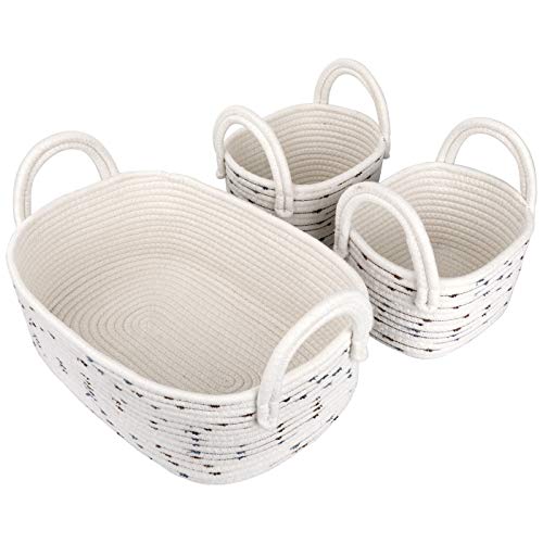 Image of LA JOLIE MUSE 14 Inch Cotton Rope Woven Storage Basket Set of 3, Multipurpose Soft Basket for Organizing with Handles, Nursery Organizer Bins for Toys, Beige with Polka Dot Pattern