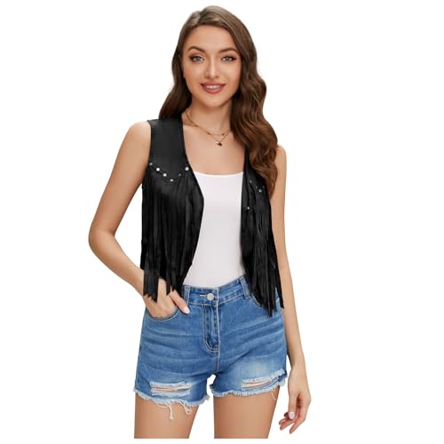 JASGOOD Women's Tassel Vest 70s Hippie Faux Suede Sleeveless Fringe Jacket Western Outfit for Women