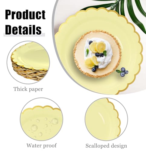 Image of HEIPINIUYE 50 Pieces Yellow Paper Plates with Gold Foil 7 Inch Disposable Yellow Scalloped Dinner Plates for Wedding Baby Shower Birthday Party