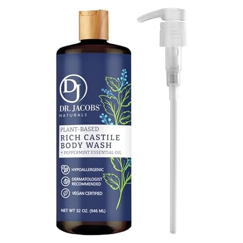 Dr Jacobs Naturals Pure Castile Liquid Soap Gel - (Peppermint, 32 Oz with Pump) Made with Premium Organic Oils Vegan, No Palm Oil, GMO Free Concentrated Hypoallergenic and Dermatologist Approved Cover