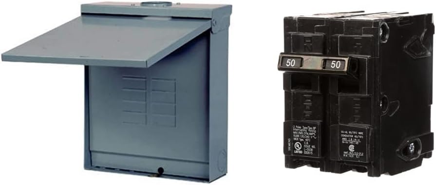 SIEMENS W0816ML1125CU 125 amp, 8 Space, 16 Circuit, Outdoor Center Load Cente, Gray & Q250 50-Amp Double Pole Type QP Circuit Breaker, Black