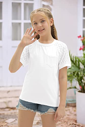 Image of Girls Summer Short Sleeve Shirts Lace Casual Cute Crew Neck Solid Color Blouses Tops Sizes 6-15 Years