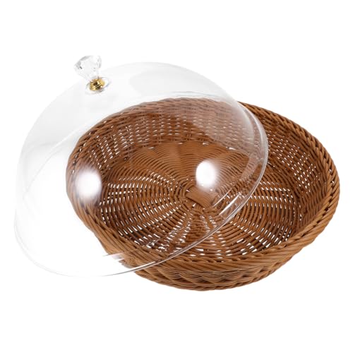 HOLIDYOYO Imitation Rattan Bread Basket with Transparent Lid Woven Bread Container with Cover Round Food Baskets for Snacks, Fruits, Desserts, and Party Serving,12.5inch