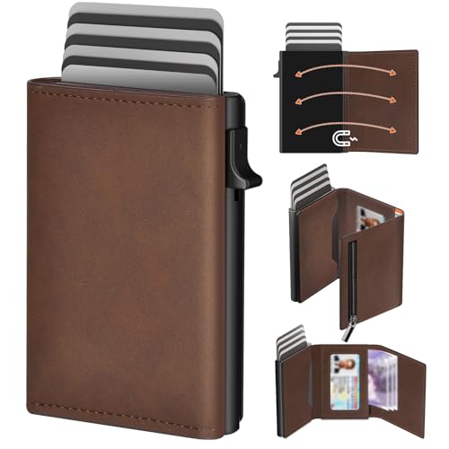 dwnkove Mens Wallet Credit Card Holder, Minimalist Wallet for Men, Aluminum Pop up Wallet, Slim Leather Wallets Card Cases with Coin Pocket, RFID Blocking, 9-14 Card Capacity | ID Window | Cash Slot