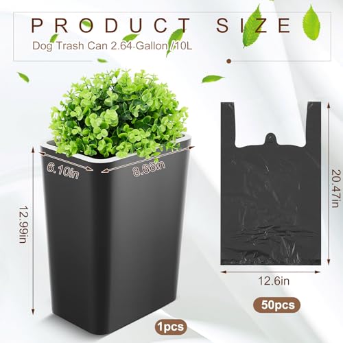 Image of Jingmore Dog Poop Trash Can Outside 2.64 Gal /10 L Plant Styled Dog Waste Trash Can with Lid 50 Waste Bags Outdoor Indoor Poop Container Slim Garbage Bin for Yard Garden Pet (Black)