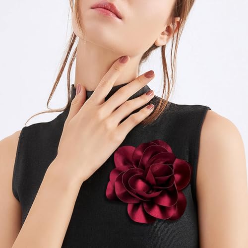 Image of Dainty Satin Fabric Flower Brooches for Women Large Rose Floral Brooch for Party Dance Wedding Banquet Elegant Camellia Fashion Brooch Pin for Women Girl 5.5inch
