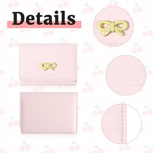 Women's Mini Bow Cute Wallet Cute Small Many Compartments Purse Cute Purse PU Leather Triple Foldable Short Format Wallet with ID Window for Girls