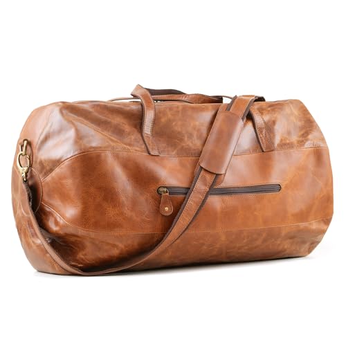 Handmade World Leather Duffle Gym Sports Bag For Men Women 'The GoalGear' Carry all Luggage Hold all Travel Overnighter Weekender Bag (With Strap)