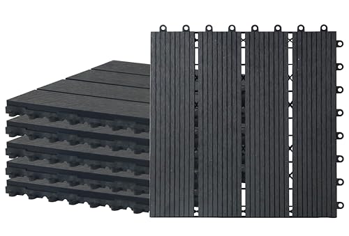 Set of 12 BLACK WPC Composite Decking Tiles Interlocking with Wood Effect Outdoor Garden Patio Deck Slab Panels Flooring Boards Cover 30cm x 30cm Heavy Duty Plastic