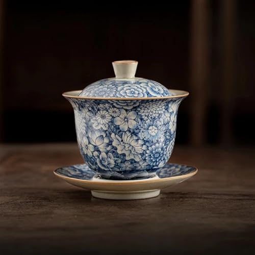 Set di stoviglie per tè con zuppiera blu con apertura in ceramica per tè con fiori antichi