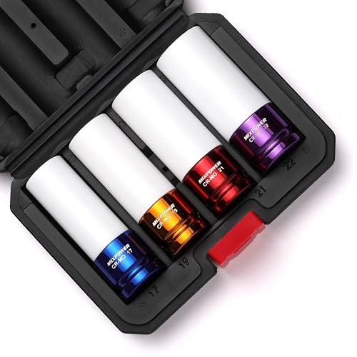 MIXPOWER 1/2' Drive Wheel Protector Impact Socket, 4 pcs Thin Wall Deep Impact Socket Set, Durable Plastic Sleeve Lug Nut Socket, 6 Point, Metric, 17mm,19mm,21mm,22mm