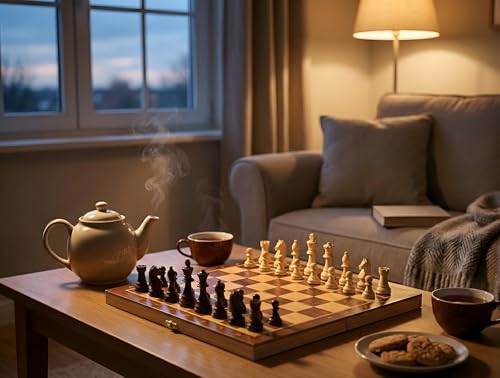 Image of 12 Inches Wooden Handmade Foldable Chess Board Set with Pieces and Queens for 2 Players for Kids and Adults (12x12 Inches, Brown)