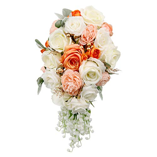 HiiARug Artificial Rose Bouquet Peony Wedding Bouquets for Bride Holding Flower with Convallaria Majalis Letter Ribbon Gold Berry for Wedding Party Church Home Decor (Living Coral & Ivory)