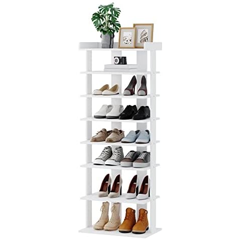 HOME BI 7 Tiers Vertical Shoe Rack, Double Rows 7-Tier Shoe Shelf, Wooden Shoe Storage Stand, Space Saving Shoe Tower, Narrow Shoe Organizer for Entryway in White Cover