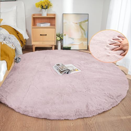 Pink Fluffy Round Rugs 6ft Large Circle Washable Faux Rabbit Shaggy Fur Rugs for Bedroom Living Room Nursery Rug Home Décor