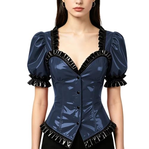 Chemisier en cuir PVC à volants et col en v pour cosplay