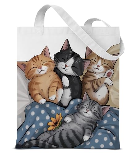 Image of Cute Cat Canvas Tote Bag for Women, Aesthetic Reusable Shoulder Bag for Shopping Travel Work