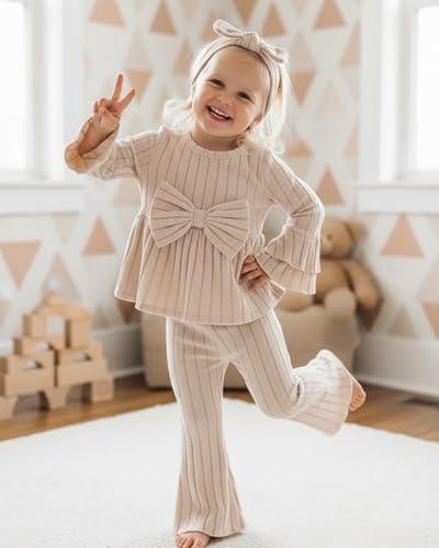 Image of SODLON Baby Girl Clothes Toddler Fall Winter Outfits Ruffle Long Sleeve Bow Top Flared Pants Set Bell Bottom Clothing 18M-5T