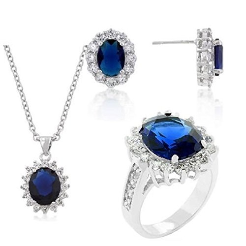 Isady  Parure - Kate Middleton - Anillo - Pendientes  gargantilla - chapado en oro blanco y rodio - circonita saphir azul  T 57