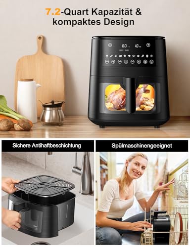 Heißluftfritteuse Airfryer mit Sichtfenster 7,2L, 11-in-1 Air Fryer XXL mit Warm halten, Vorheizfunktion & Abtau, Shake-Reminder Smart und Timer-Funktion, Gesunde Friteuse ohne Öl und fettarmes Kochen – Bild 7