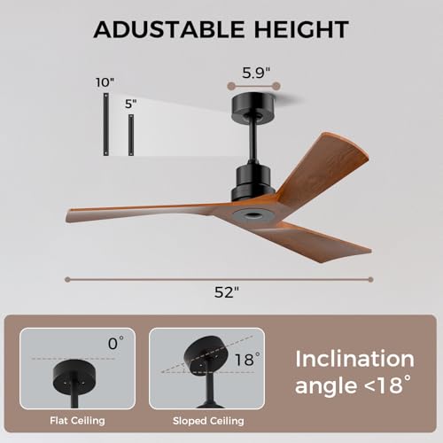 Image of Obabala Ceiling Fan 52 Inch with Remote, Solid Wood Blades DC Motor 5000 CFM Quiet 35dB, Reversible 6 Speed Modern Farmhouse for Bedroom Living Room Indoor Outdoor, No Light with Downrod