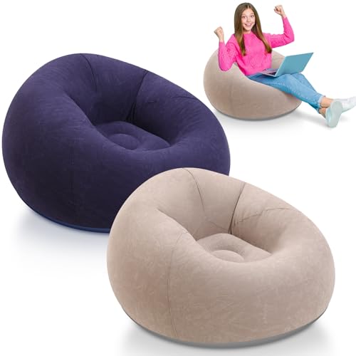 Lunmon 2 Pcs Small Bean Bag Chair Inflatable Chair Blow up Games Chairs Foldable Flocking Inflatable Sofa Portable Inflatable Chair for Living Room Bedroom(Brown,Blue)