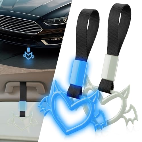 Image of 2 Pcs Devil Heart Shaped Car Handle Strap - JD M Drift Charm Rear Bumper Warning Ring Decor for Car Interior Exterior, Subway Bus Handle Accessory, Cute Heart Car Decor Gift (Luminous Blue-Wing)