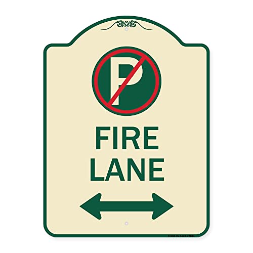 SignMission Designer Series Sign - Fire Lane (No Parking Symbol and Arrow Pointing Left and Right) | Tan & Green 18" x 24" Heavy-Gauge Aluminum Architectural Sign | Made in The USA