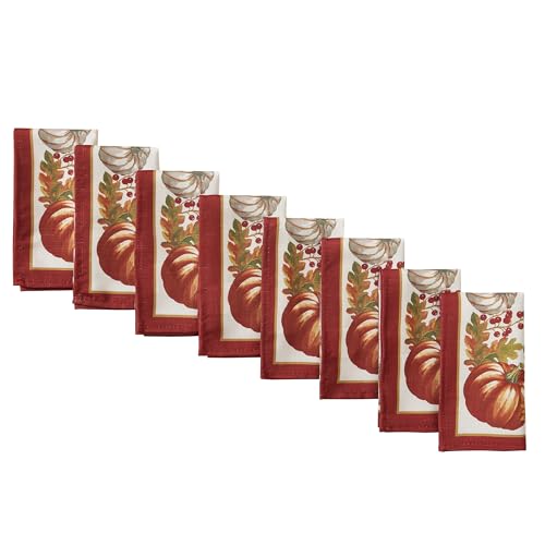 Newbridge Thanksgiving Autumns Bounty Bordered Square Fabric Napkins, Set of 8 Napkins, Bountiful Farm Pumpkin Fall Harvest Multicolor Easy Care Fabric Napkins for Holiday Party