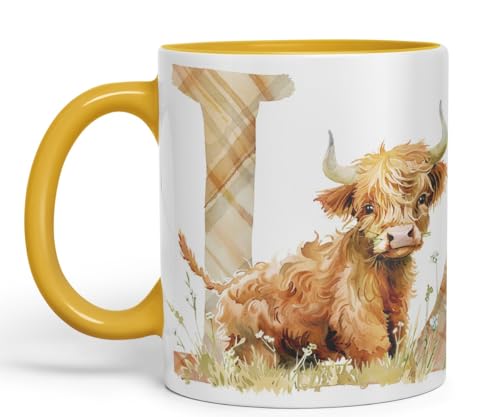 Vixar Highland Cow Alphabet Monogram Coloured Ceramic Cup Mug Letter L Rustic Farmhouse Animal Letter Gift 11oz (Gold Yellow)